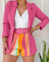 Long Sleeve Blazer & Rainbow Colorblock Shorts Set With Belt Multicolor