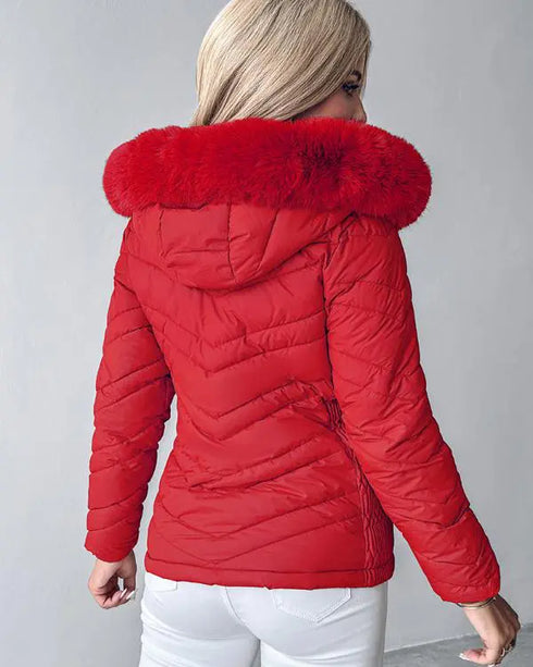Zipper Pocket Design Shirred Fuzzy Trim Fleece Lined Hooded Puffer Jacket red