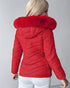 Zipper Pocket Design Shirred Fuzzy Trim Fleece Lined Hooded Puffer Jacket red