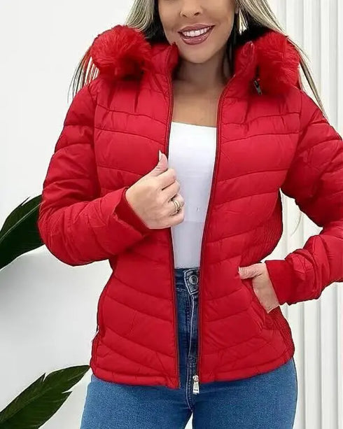 Zipper Pocket Design Shirred Fuzzy Trim Fleece Lined Hooded Puffer Jacket red