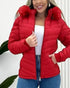 Zipper Pocket Design Shirred Fuzzy Trim Fleece Lined Hooded Puffer Jacket red