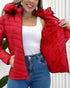Zipper Pocket Design Shirred Fuzzy Trim Fleece Lined Hooded Puffer Jacket red