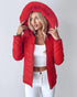 Zipper Pocket Design Shirred Fuzzy Trim Fleece Lined Hooded Puffer Jacket red