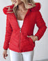 Zipper Pocket Design Shirred Fuzzy Trim Fleece Lined Hooded Puffer Jacket red