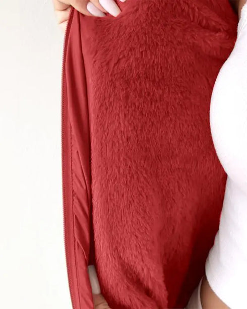 Zipper Pocket Design Shirred Fuzzy Trim Fleece Lined Hooded Puffer Jacket red