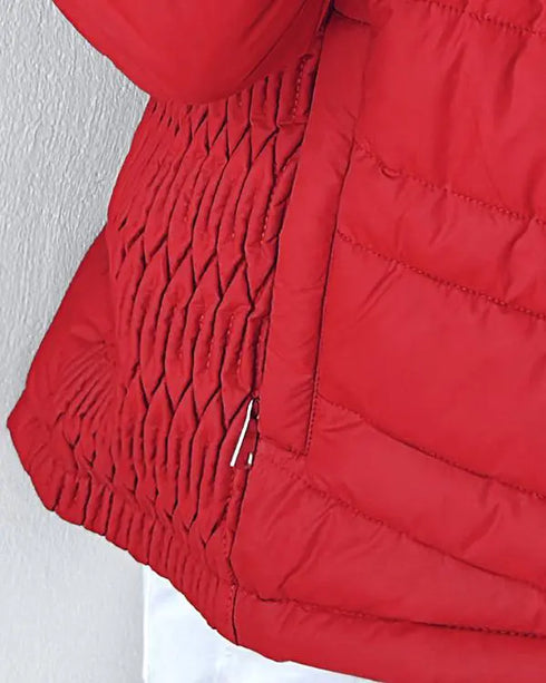 Zipper Pocket Design Shirred Fuzzy Trim Fleece Lined Hooded Puffer Jacket red