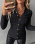 Long Sleeve Button Down Shirt Collar Neck Ruched Fitted Top black
