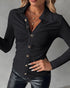 Long Sleeve Button Down Shirt Collar Neck Ruched Fitted Top black