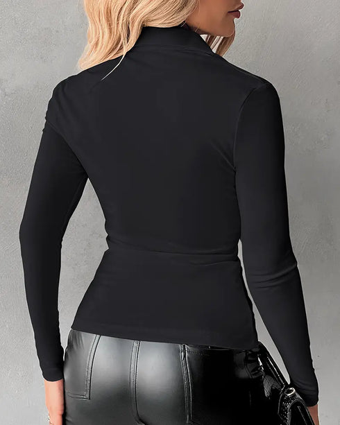 Long Sleeve Button Down Shirt Collar Neck Ruched Fitted Top black