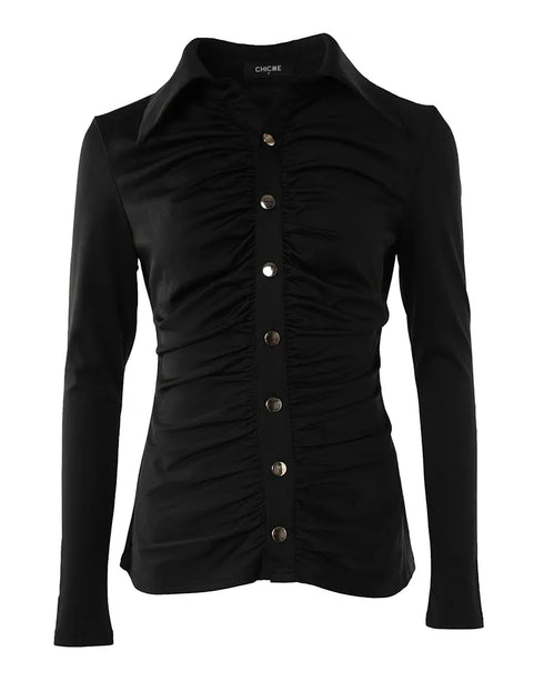 Long Sleeve Button Down Shirt Collar Neck Ruched Fitted Top black