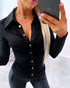 Long Sleeve Button Down Shirt Collar Neck Ruched Fitted Top black