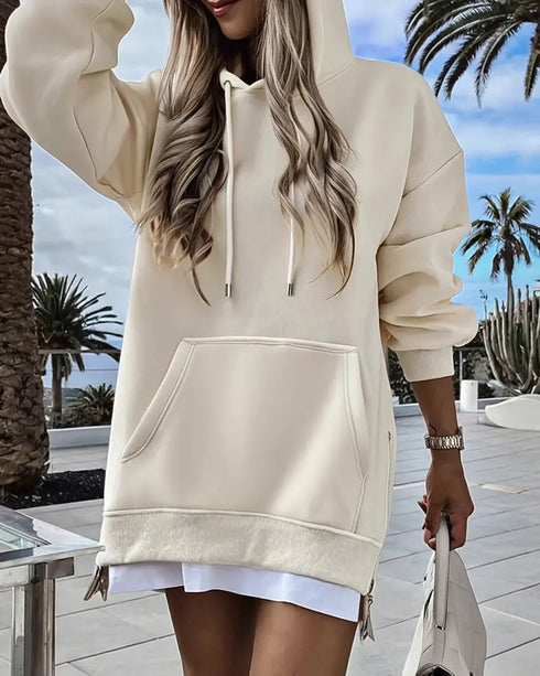 Long Sleeve Pocket Design Pullover Sweatshirt Casual Faux Two Piece Longline Drawstring Hooded Top Apricot