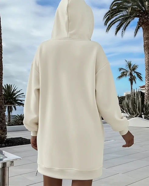 Long Sleeve Pocket Design Pullover Sweatshirt Casual Faux Two Piece Longline Drawstring Hooded Top Apricot