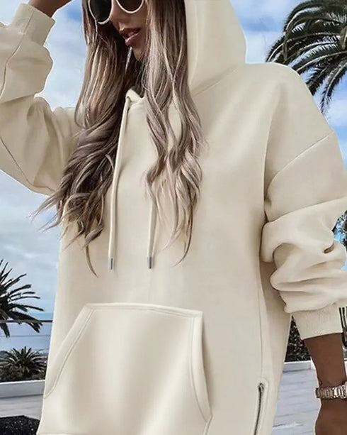 Long Sleeve Pocket Design Pullover Sweatshirt Casual Faux Two Piece Longline Drawstring Hooded Top Apricot