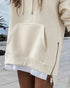 Long Sleeve Pocket Design Pullover Sweatshirt Casual Faux Two Piece Longline Drawstring Hooded Top Apricot