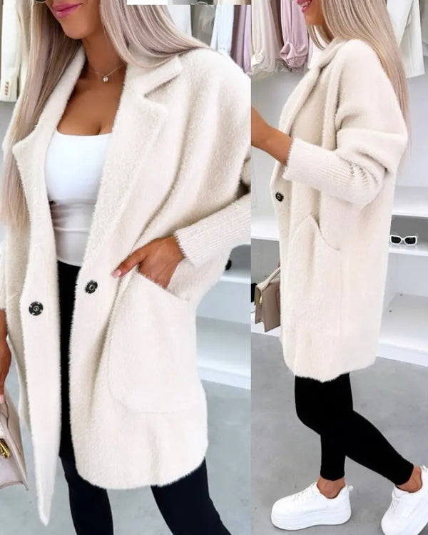 Turn-down Collar Long Sleeve Casual Button Coat with Pockets Apricot