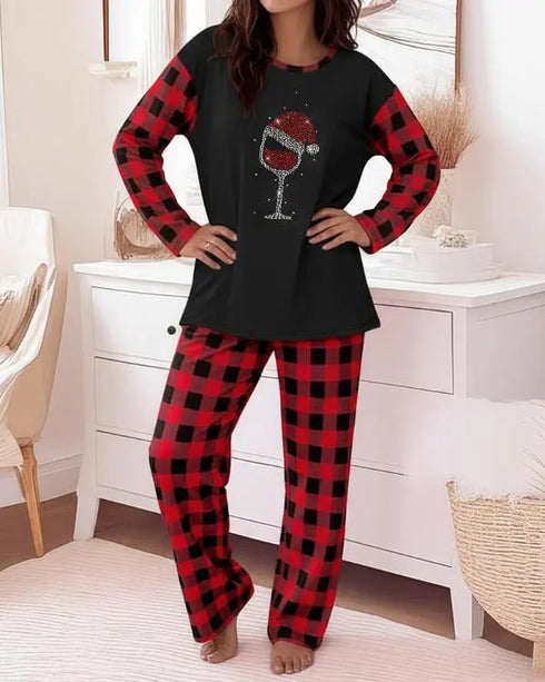 2 Pieces Outfit Letter and Heart Print Long Sleeve Top and Casual Plaid Pnats Sets with Pocket black
