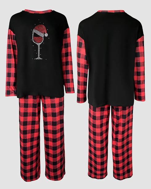 2 Pieces Outfit Letter and Heart Print Long Sleeve Top and Casual Plaid Pnats Sets with Pocket black