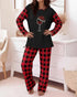 2 Pieces Outfit Reindeer Print Long Sleeve Drop Shoulder Top and Christmas Print Colorblock Elastic Waist Pants Set Casual Pajamas Set black