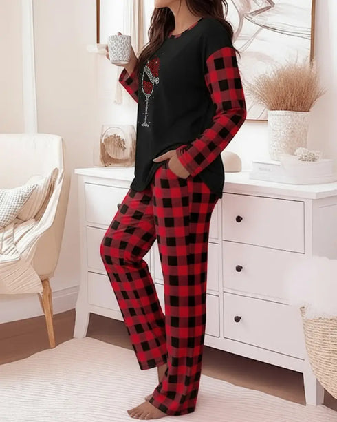 2 Pieces Outfit Cherry Print Round Neck Drop Shoulder Top and Elastic Waist Pants Set Casual Ribbed Flannel Pajamas Set black
