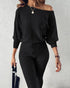Geo Tape Patch Gigot Sleeve Top & Pants Set black