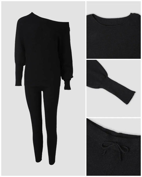 Geo Tape Patch Gigot Sleeve Top & Pants Set black