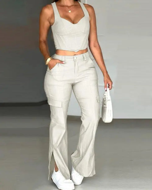 2 Pieces Spaghetti Strap V-Neck Crop Top and Casual Pocket Design Button Front Slit Cargo Pants Set beige