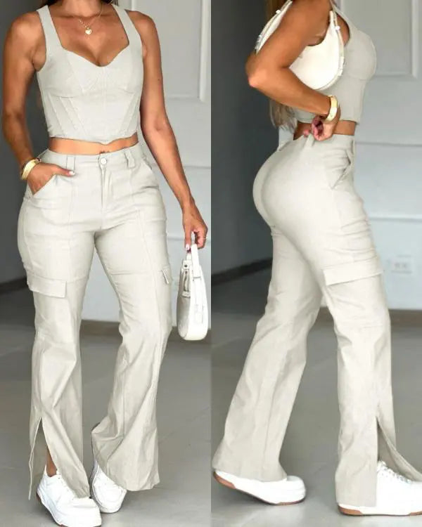 2 Pieces Spaghetti Strap V-Neck Crop Top and Casual Pocket Design Button Front Slit Cargo Pants Set beige