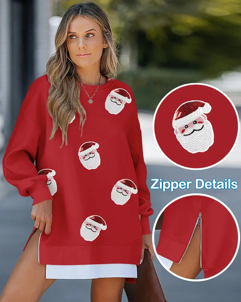 Sequin Christmas Tree Pattern Drop Shoulder Sweatshirt Casual Side Zipper Slit Faux Two-Piece Pullover Top red