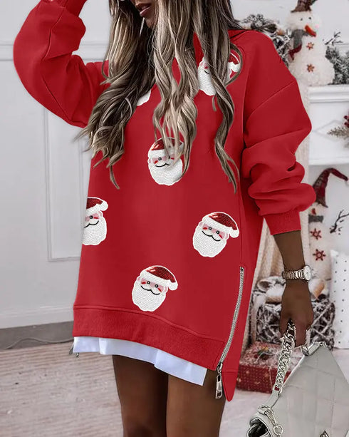 Sequin Christmas Tree Pattern Drop Shoulder Sweatshirt Casual Side Zipper Slit Faux Two-Piece Pullover Top red