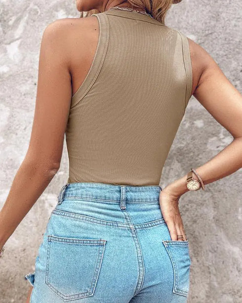 O-Neck Sleeveless Basic Slim Fit Skinny Tank Casual Top(Without Pads) khaki