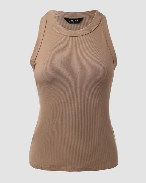 O-Neck Sleeveless Basic Slim Fit Skinny Tank Casual Top(Without Pads) khaki