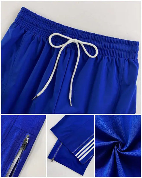 Contrast Side Striped & Zipper Slit Side Drawstring Elastic Waist Trousers Casual Wide Leg Pants blue