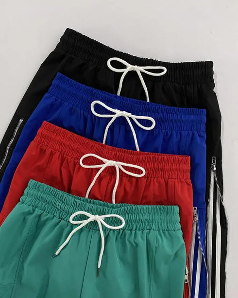 Contrast Side Striped & Zipper Slit Side Drawstring Elastic Waist Trousers Casual Wide Leg Pants blue