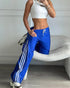Contrast Side Striped & Zipper Slit Side Drawstring Elastic Waist Trousers Casual Wide Leg Pants blue