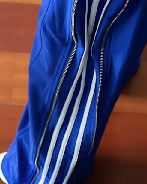 Contrast Side Striped & Zipper Slit Side Drawstring Elastic Waist Trousers Casual Wide Leg Pants blue