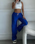 Contrast Side Striped & Zipper Slit Side Drawstring Elastic Waist Trousers Casual Wide Leg Pants blue