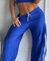 Contrast Side Striped & Zipper Slit Side Drawstring Elastic Waist Trousers Casual Wide Leg Pants blue