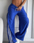 Contrast Side Striped & Zipper Slit Side Drawstring Elastic Waist Trousers Casual Wide Leg Pants blue