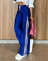 Contrast Side Striped & Zipper Slit Side Drawstring Elastic Waist Trousers Casual Wide Leg Pants blue