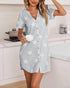 Star Print Notch Neck Button Down Side Slit Nightgown Casual Pocket Design Mini Sleep Dress gray