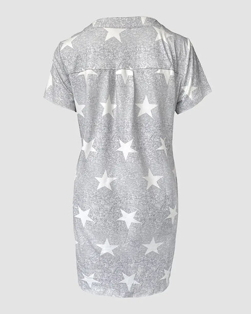 Star Print Notch Neck Button Down Side Slit Nightgown Casual Pocket Design Mini Sleep Dress gray