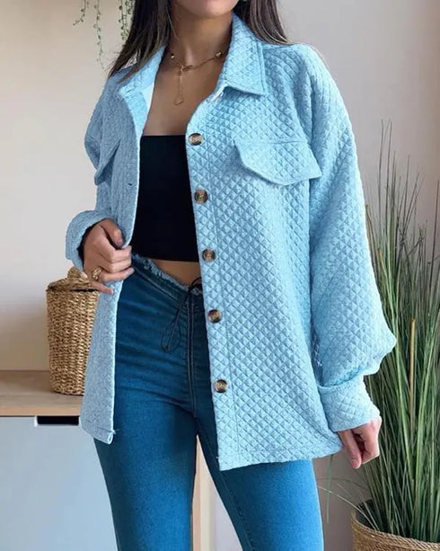 Diamond Pattern Long Sleeve Button Down Shirt with Pocket Casual Loose Fit Fall Blouse Lighted Blue