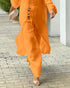 2 Pieces Outfit Button Decor One Shoulder Turn-Up Sleeves Slit Raw Edges Top and Casual Drawstring Elastic Waist Wide Leg Pants Set orange