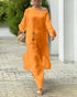 2 Pieces Outfit Button Decor One Shoulder Turn-Up Sleeves Slit Raw Edges Top and Casual Drawstring Elastic Waist Wide Leg Pants Set orange