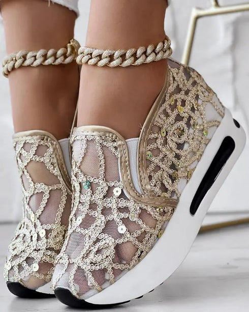 Contrast Sequin Lace Slip On Muffin Sneakers gold