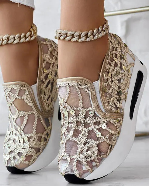 Contrast Sequin Lace Slip On Muffin Sneakers gold