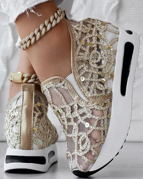 Contrast Sequin Lace Slip On Muffin Sneakers gold