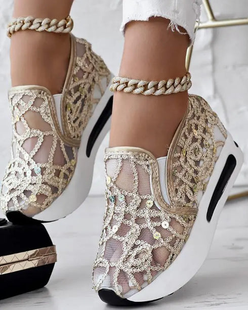 Contrast Sequin Lace Slip On Muffin Sneakers gold