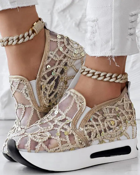Contrast Sequin Lace Slip On Muffin Sneakers gold